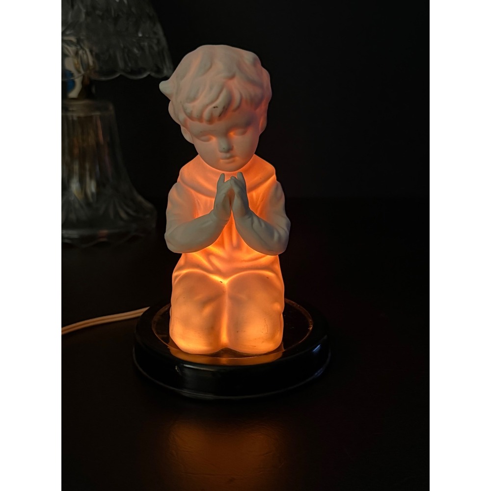Vintage Enesco Praying Boy Porcelain Night Light Figurine Bisque Table Lamp - Picture 5 of 10